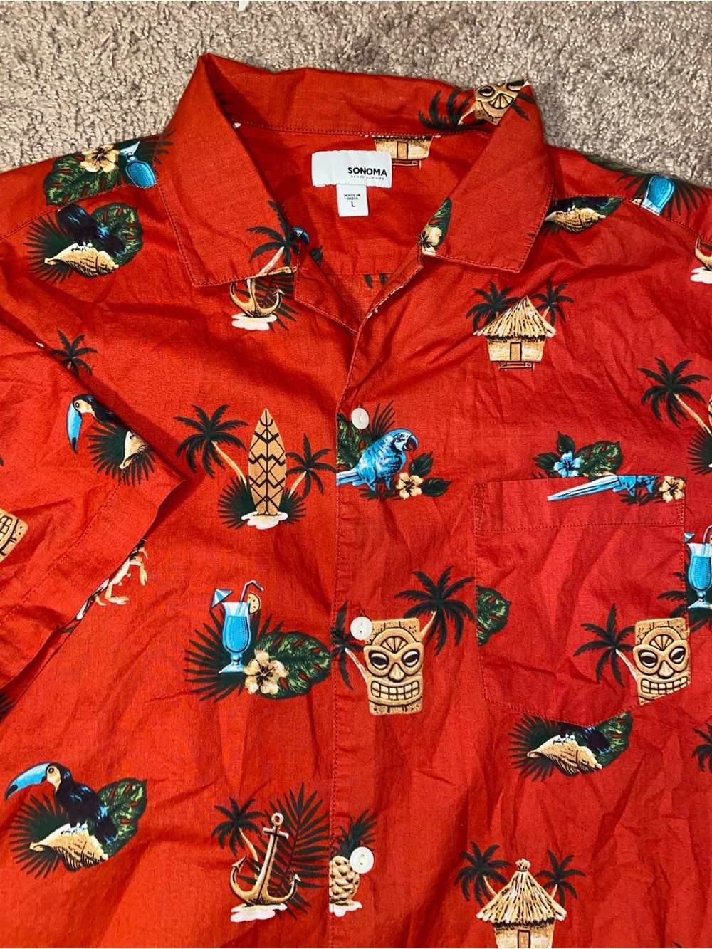 Sonoma Tiki Bar Margaritaville Mens Large Hawaiian Button Up Down Red Shirt
